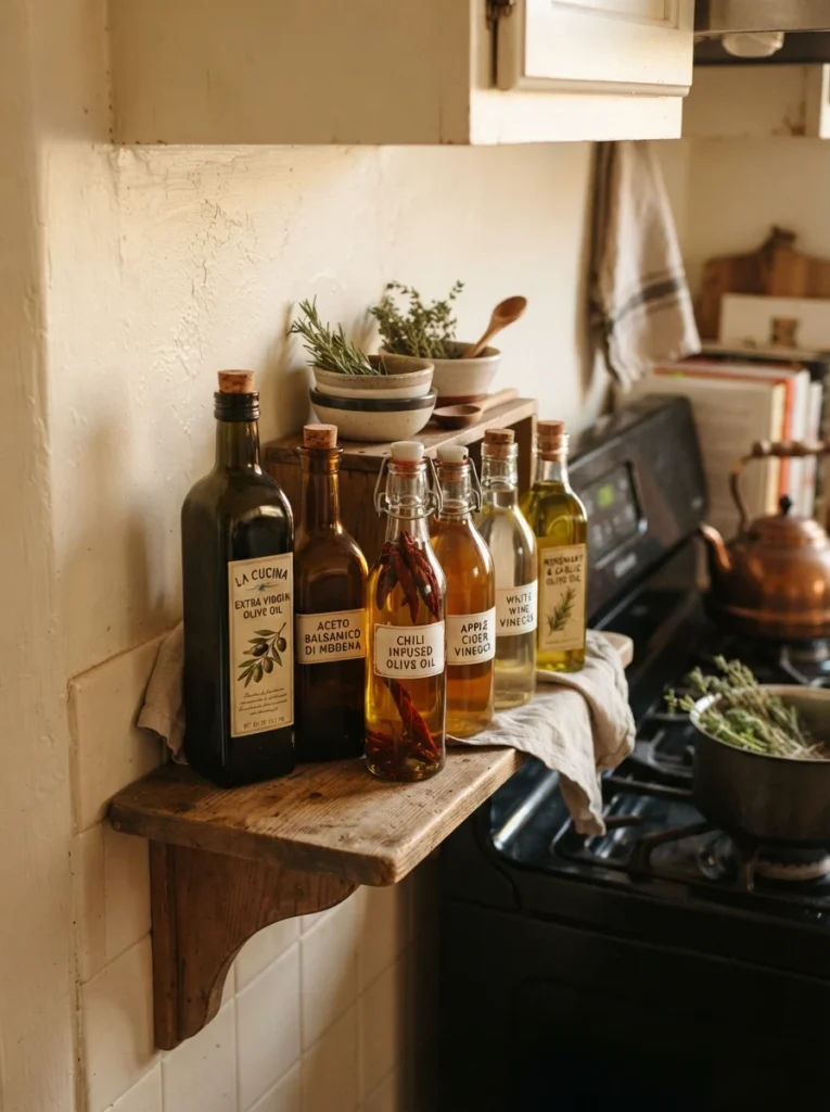 A cabinet shelf near a stove holding bottles of oil and vinegar, kept out of direct light, warm kitchen lighting, vertical Pinterest photography, warm preservation-focused styling.