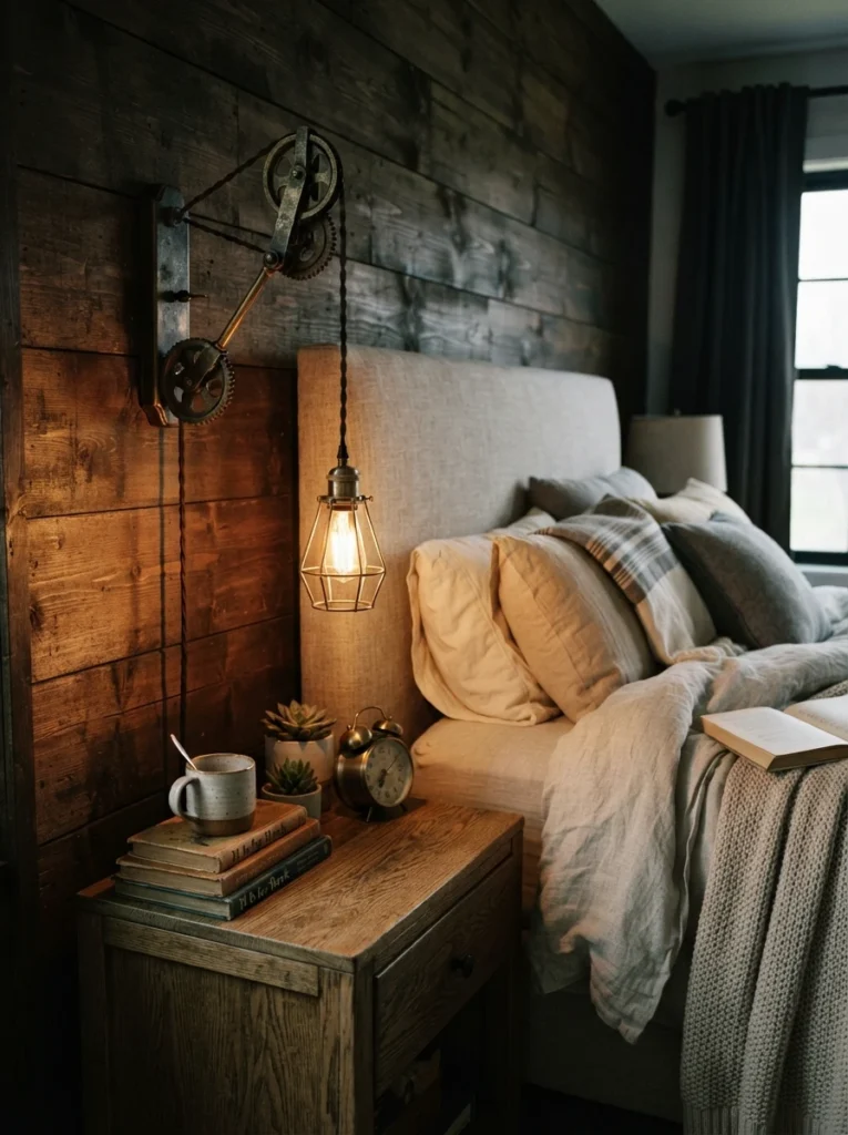 An aged brass pulley sconce beside a bed with a small pendant dangling just above a nightstand, industrial mechanical detail, warm glow, cozy neutral bedding, evening ambiance, vertical Pinterest photography, warm architectural styling.