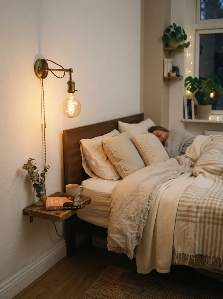 A brass wall light with an exposed vintage-style bulb mounted beside a small apartment bed, warm glowing filament, cozy neutral bedding, evening ambiance, vertical Pinterest photography, warm industrial-chic tones.