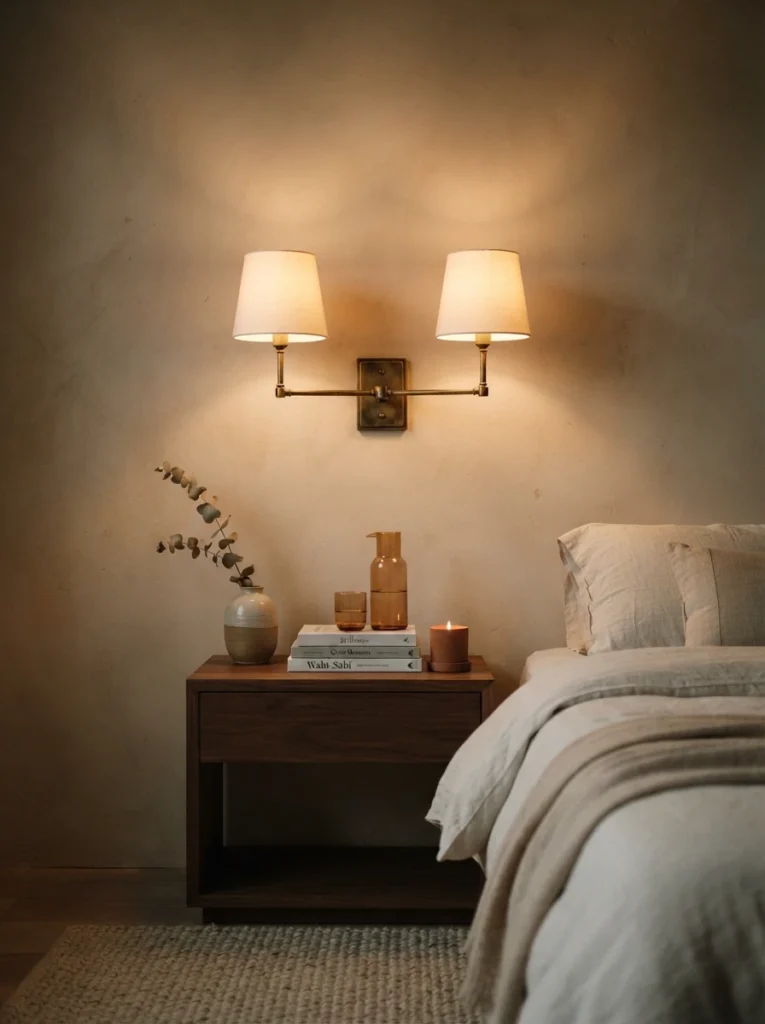 A two-arm brass wall sconce with twin cream shades mounted flush against a textured wall, warm symmetrical glow over a nightstand, minimalist bedroom styling, evening ambiance, vertical Pinterest photography, warm architectural tones.