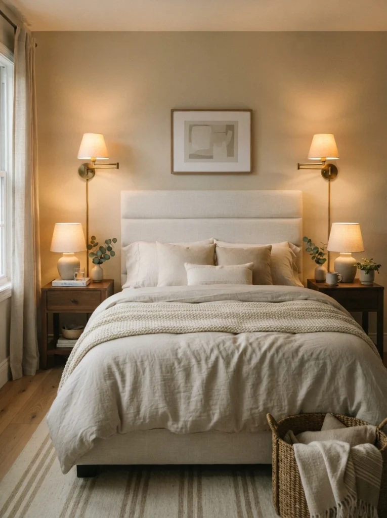 A pair of matching brass plug-in wall sconces mounted symmetrically above nightstands on either side of a bed, warm linen shades, cords tucked into cord covers, cozy neutral bedding, soft evening glow, vertical Pinterest interior photography, warm inviting tones.