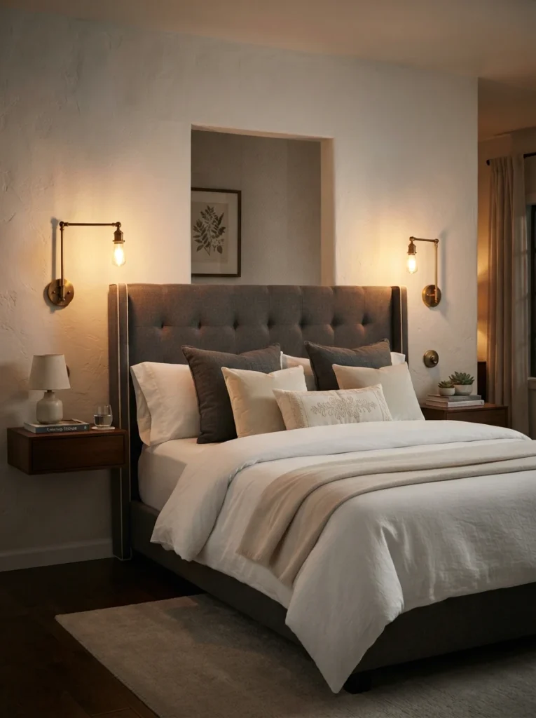 A pair of matching brass wall sconces flanking a hotel-style bed, warm symmetrical glow on either side, crisp white bedding with layered textured pillows, upholstered headboard, evening ambiance, vertical Pinterest interior photography, warm luxurious tones.