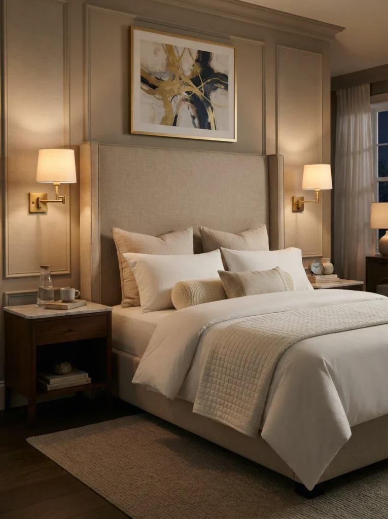 A pair of matching brass wall sconces flanking a hotel-style bed, warm symmetrical glow on either side, crisp white bedding with layered textured pillows, upholstered headboard, evening ambiance, vertical Pinterest interior photography, warm luxurious tones.