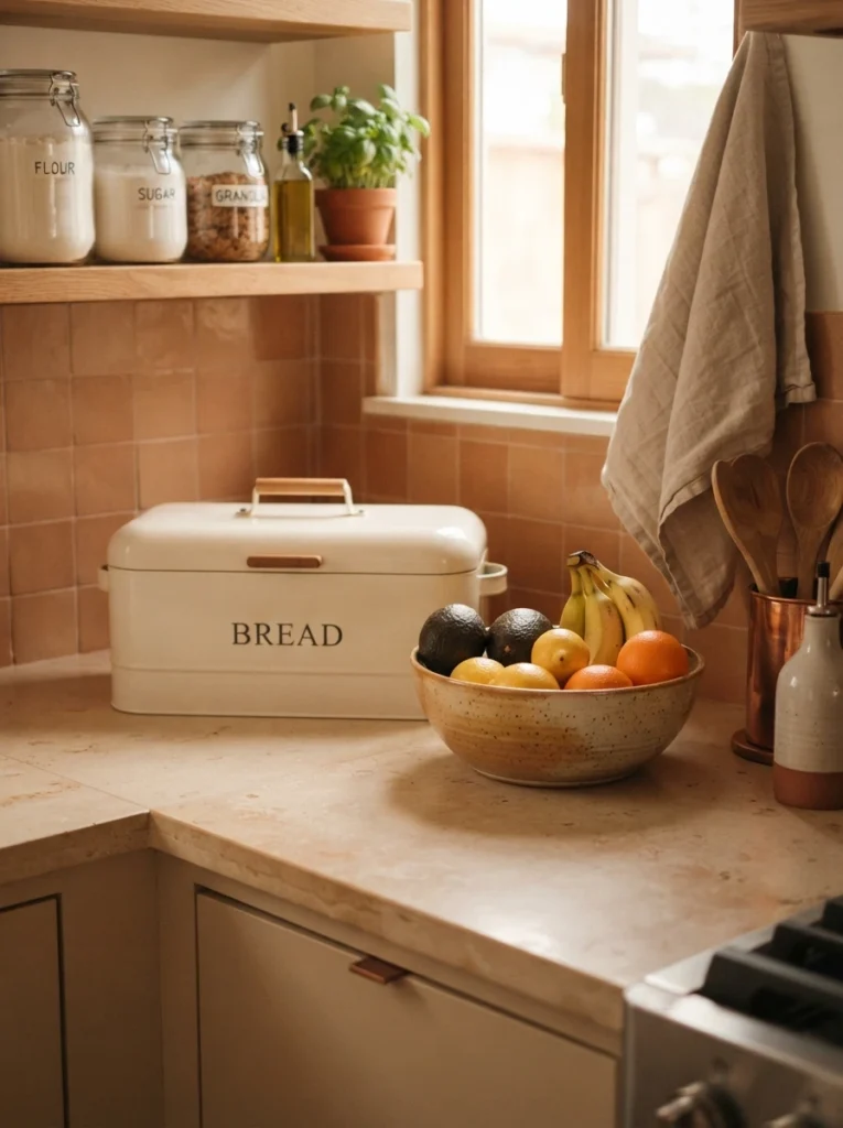 A covered bread box and a fruit bowl on a kitchen counter, food contained neatly, warm kitchen lighting, vertical Pinterest photography, warm contained styling.