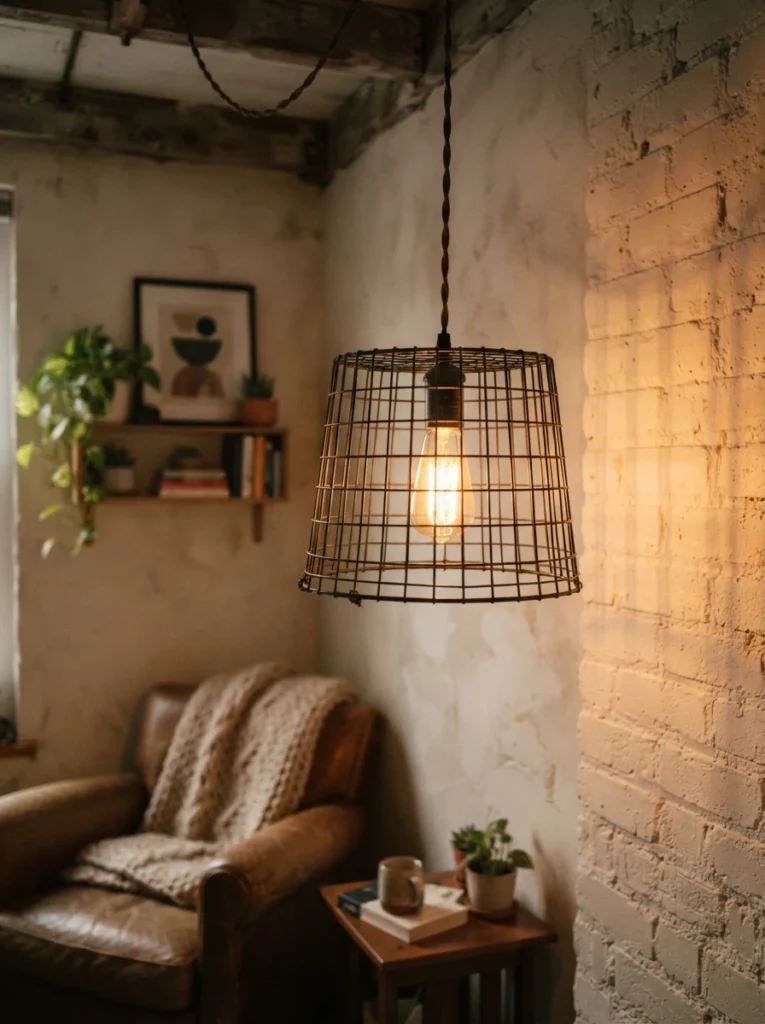 A dollar-store wire basket flipped upside down with a warm exposed bulb hanging inside, industrial-chic pendant look, cozy small apartment styling, evening ambiance, vertical Pinterest photography, warm budget industrial tones.