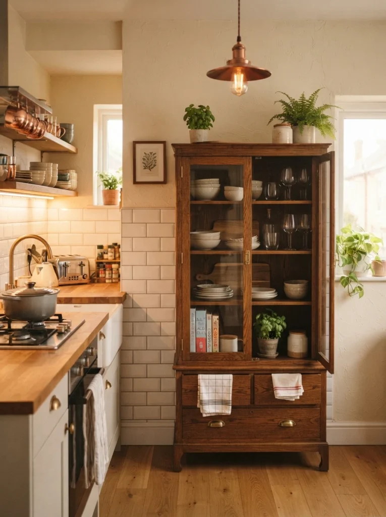 A freestanding furniture-grade cabinet added to a rental kitchen for extra storage, warm kitchen lighting, vertical Pinterest photography, warm furniture-based styling.
