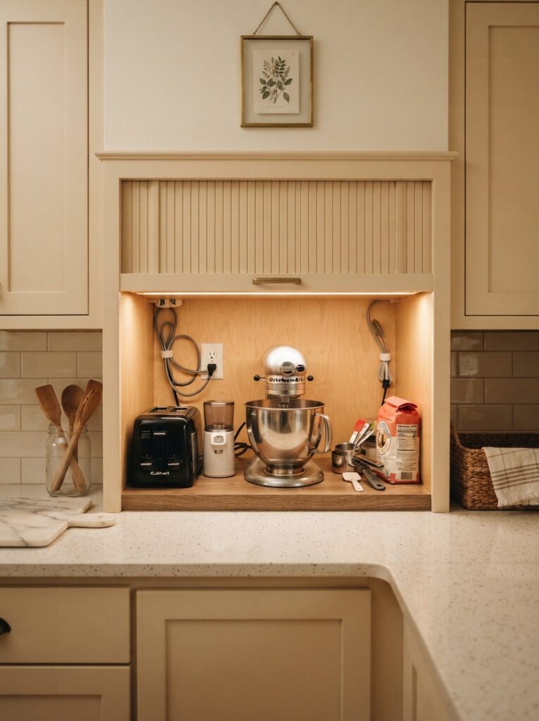 A cabinet appliance garage with a tambour door open, showing a stand mixer and other appliances stored inside, warm kitchen lighting, vertical Pinterest photography, warm hidden-storage styling.