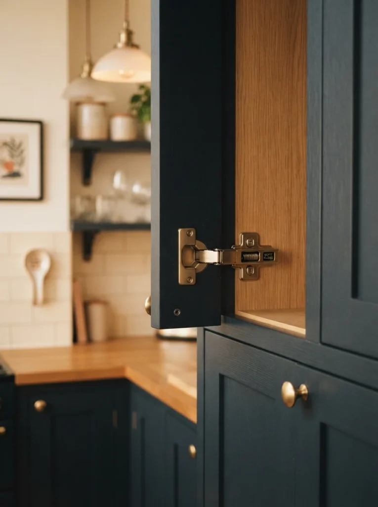 A corner cabinet door closing smoothly with visible soft-close hinge hardware, warm kitchen lighting, vertical Pinterest photography, warm hardware detail.