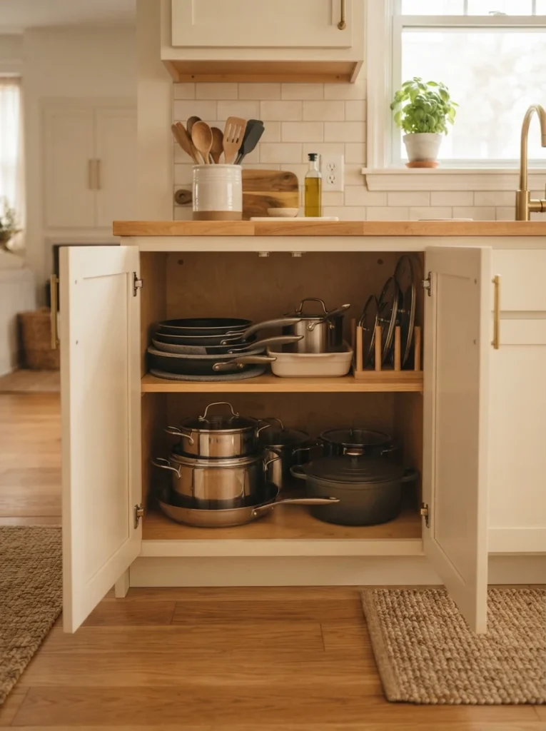 A corner base cabinet with a wide bi-fold door open, fixed shelving visible with organized cookware, warm kitchen lighting, vertical Pinterest photography, warm accessible styling.