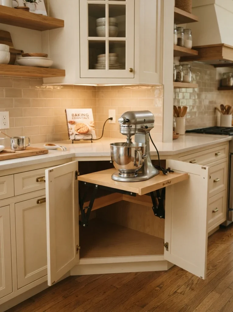 A corner cabinet with a fold-out shelf holding a stand mixer at counter height, cabinet open, warm kitchen lighting, vertical Pinterest photography, warm appliance-integrated styling.