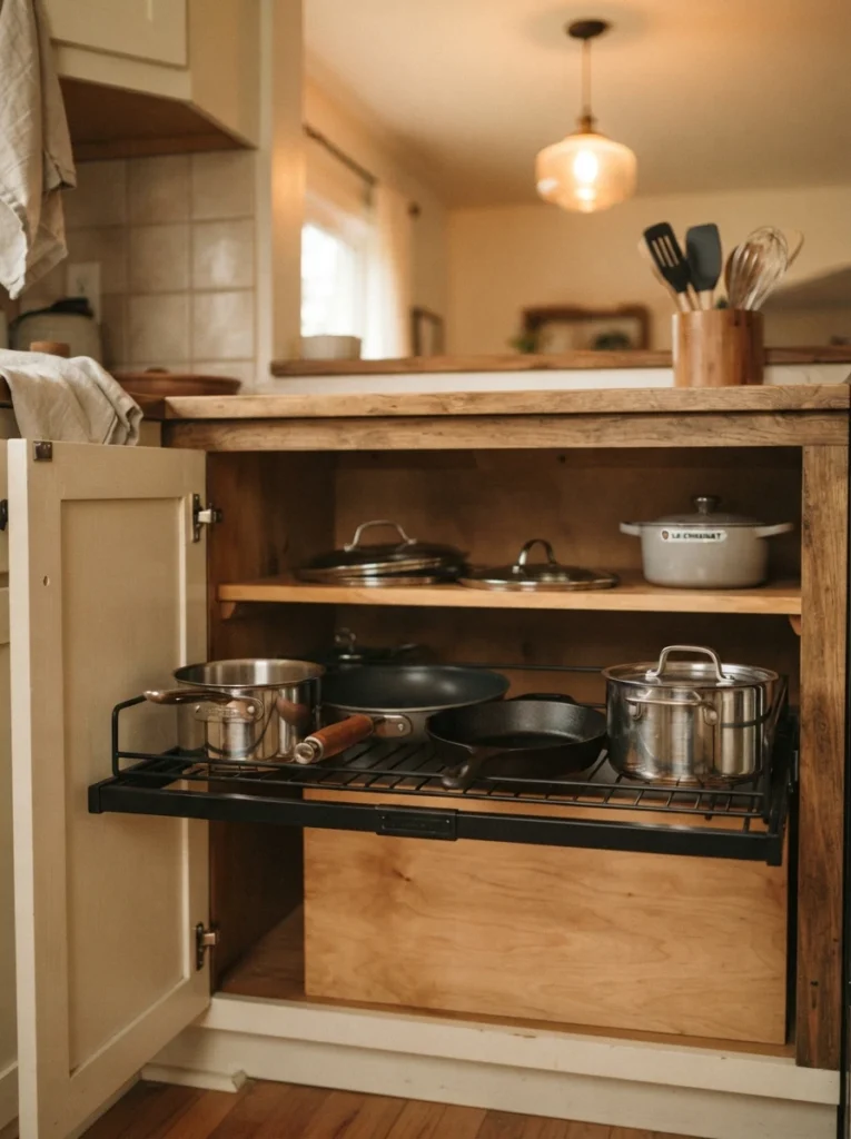 A pull-out cabinet organizer sitting on an existing shelf, pots and pans pulled forward for easy access, warm kitchen lighting, vertical Pinterest photography, warm no-install styling.