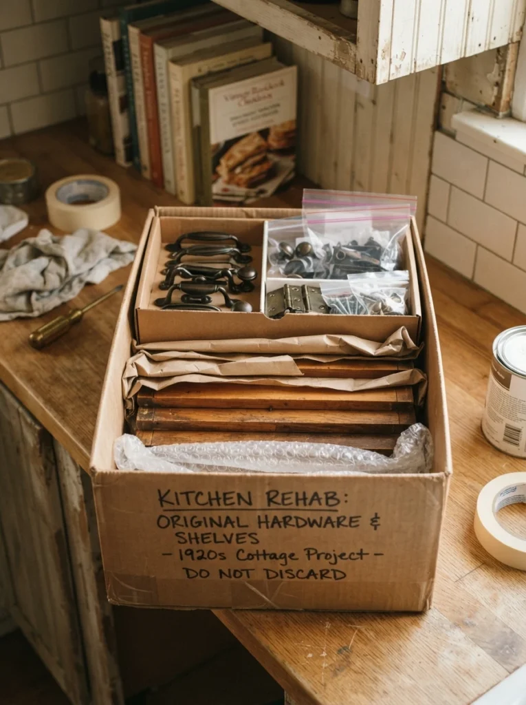 Original cabinet shelves and hardware stored safely in a labeled box, warm kitchen lighting, vertical Pinterest photography, warm restoration-ready styling.