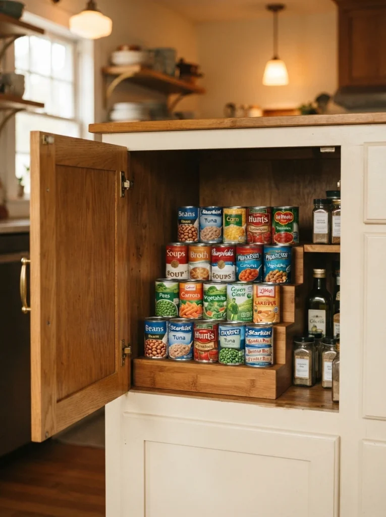A cabinet shelf with a stepped riser holding canned goods in visible rows, cabinet door open, warm kitchen lighting, vertical Pinterest photography, warm space-doubling styling.