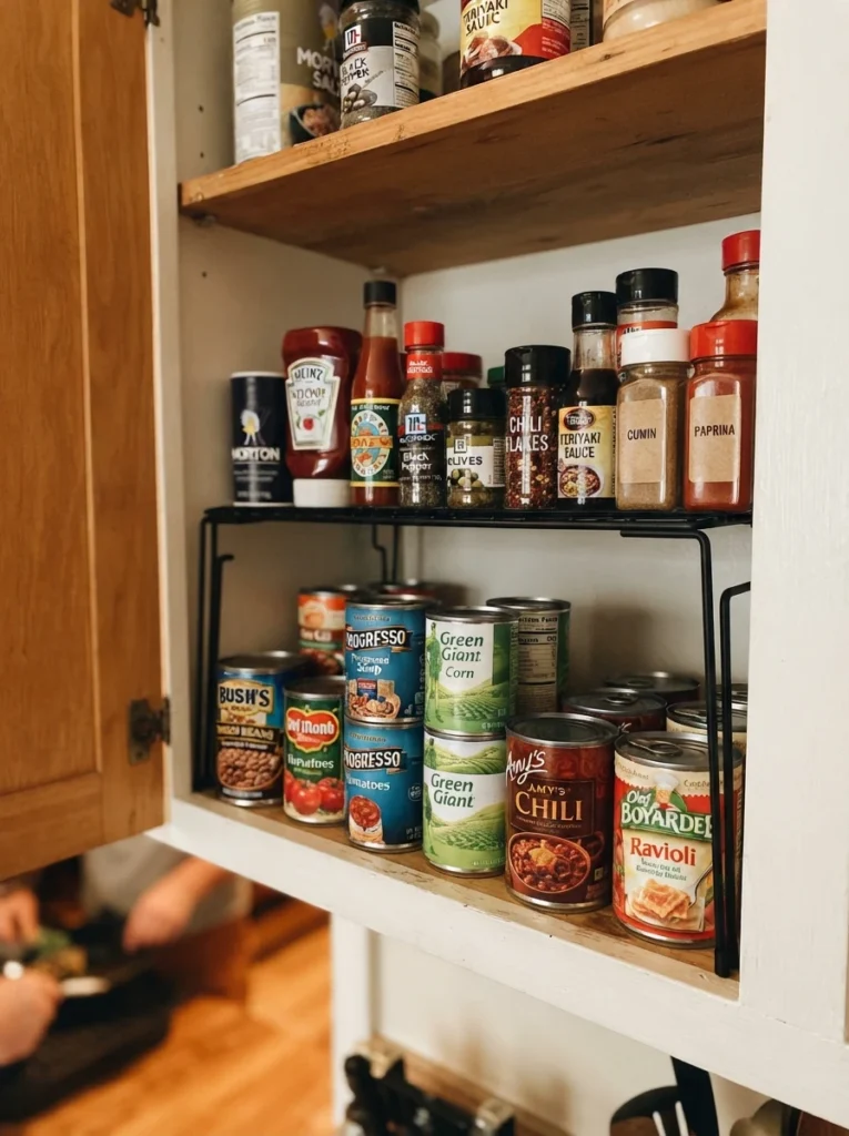 ![A cabinet shelf with a riser added above canned goods, using previously empty vertical space, warm kitchen lighting, vertical Pinterest photography, warm vertical-fix styling.]
