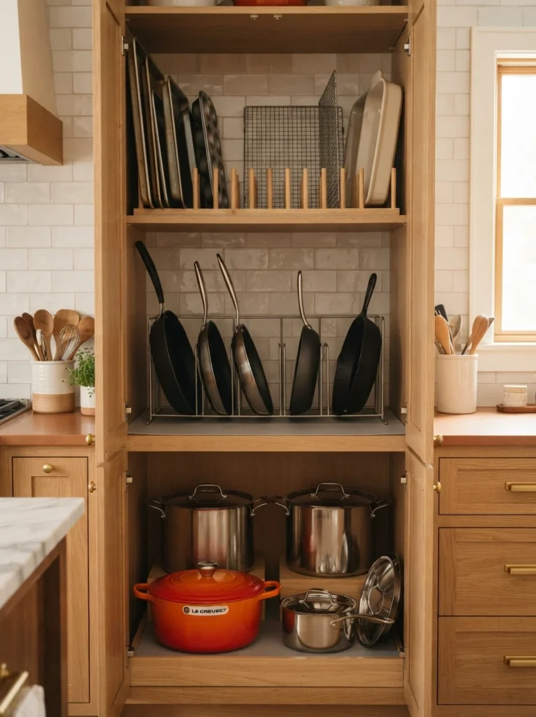 A deep cabinet divided into distinct zones for stock pots, frying pans, and baking sheets, warm kitchen lighting, vertical Pinterest photography, warm zoned styling.