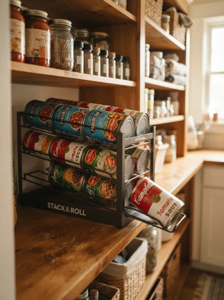 A gravity-fed can dispenser rack on a pantry shelf, cans rolling forward automatically, warm kitchen lighting, vertical Pinterest photography, warm automatic-rotation styling.