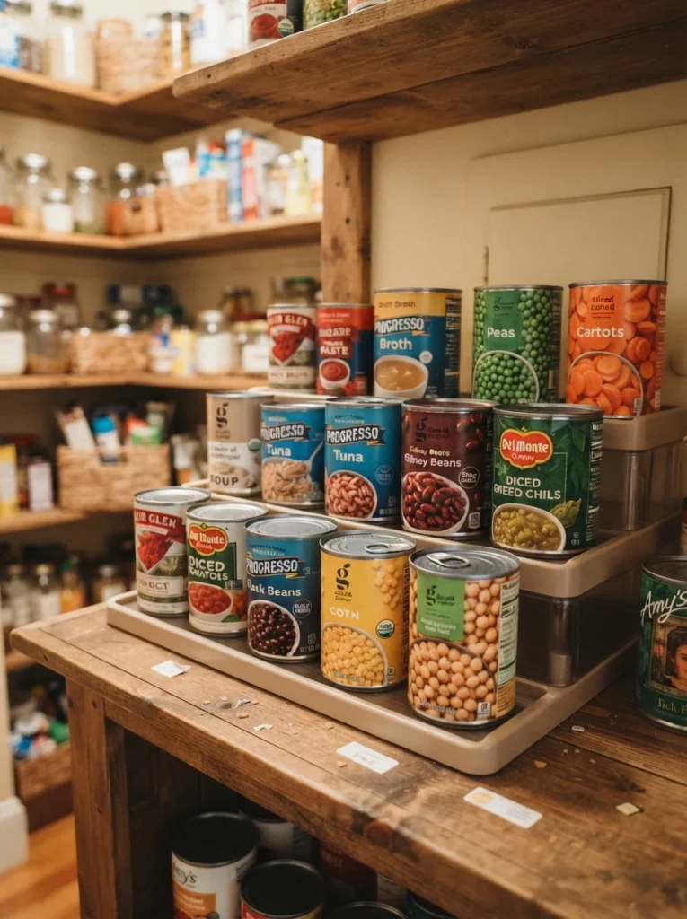 Stepped can risers on a deep pantry shelf, canned goods visible in ascending rows, warm kitchen lighting, vertical Pinterest photography, warm tiered-visibility styling.