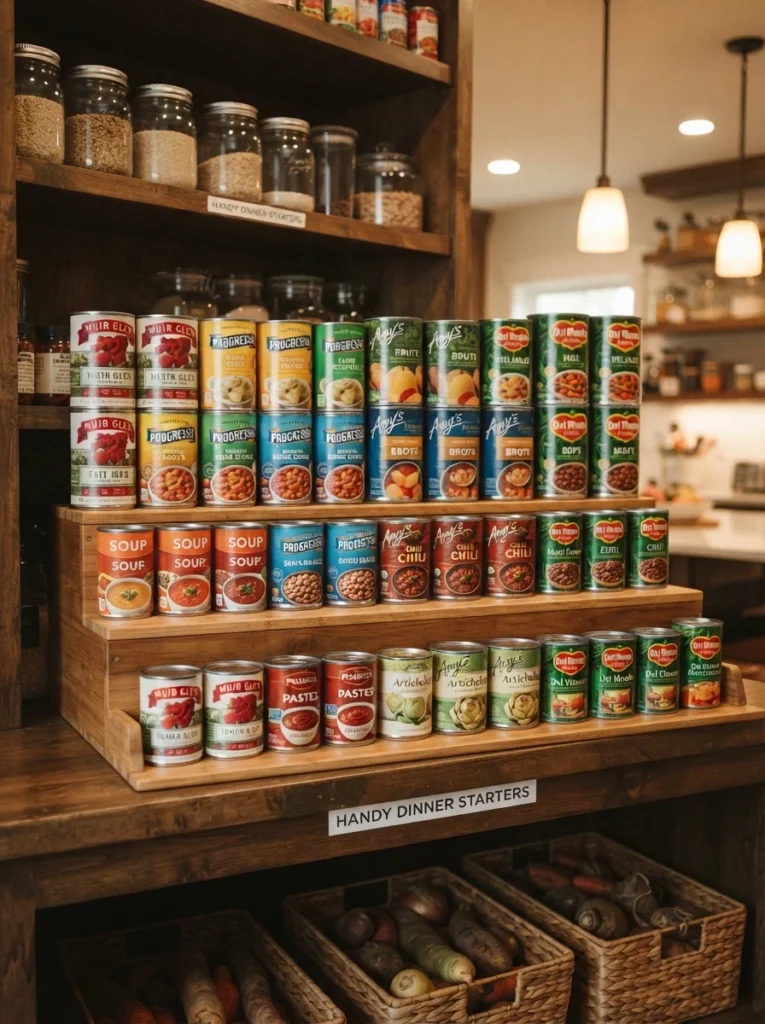 Canned goods arranged in size or color order on stepped risers, fully visible on a deep pantry shelf, warm kitchen lighting, vertical Pinterest photography, warm visually-scannable styling