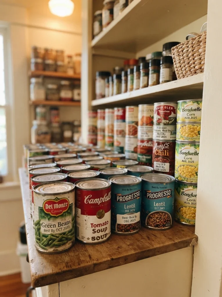 Canned goods on a pantry shelf with older cans positioned at the front and newer cans placed behind, warm kitchen lighting, vertical Pinterest photography, warm rotation-focused styling.
