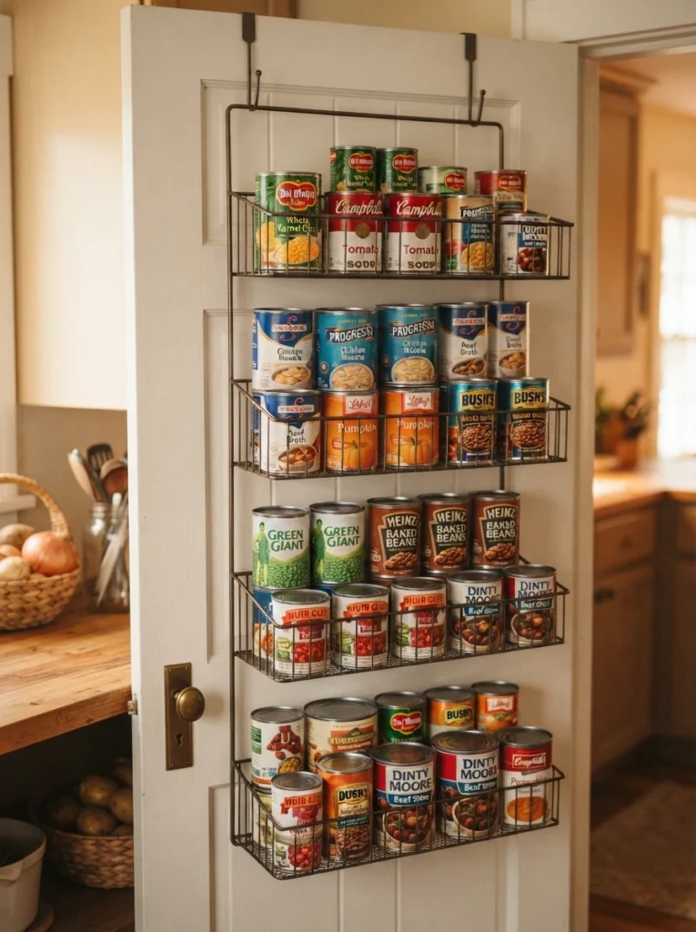 Canned goods stored on the lower tiers of an over-the-door organizer, warm kitchen lighting, vertical Pinterest photography, warm weight-distributed styling.