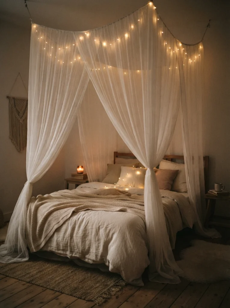 A dreamy sheer fabric canopy draped over a small bed, warm fairy lights woven along the top edge glowing softly through the gauzy material, cozy neutral bedding below, evening ambiance, vertical Pinterest photography, warm romantic tones.