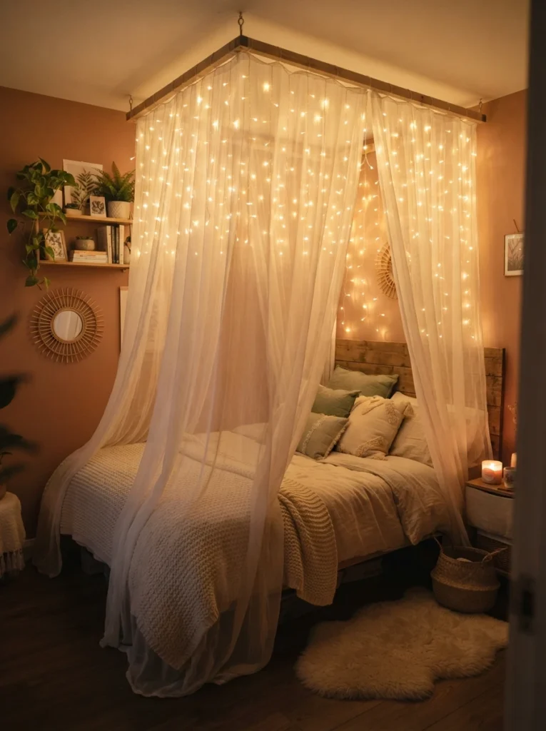  A canopy frame above a small bed with warm curtain-style string lights hung along the top edge, soft cascading glow, sheer fabric draping below, cozy evening ambiance, vertical Pinterest photography, warm magical tones.