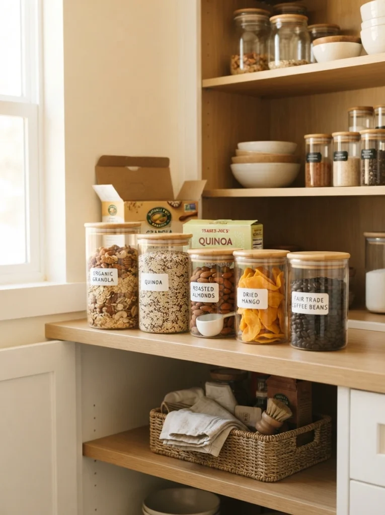 Bulky cardboard boxes removed from products, contents consolidated into a smaller container, warm kitchen lighting, vertical Pinterest photography, warm decluttered styling.