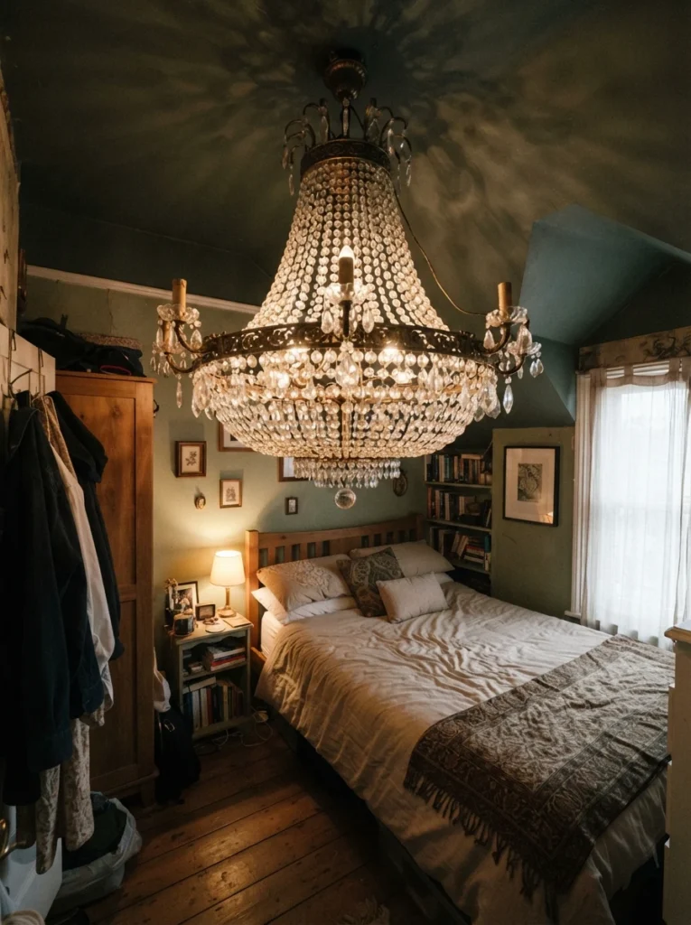 A small bedroom with an oversized chandelier visually overwhelming the low ceiling, showing the scale mistake, cramped uncomfortable atmosphere, vertical Pinterest photography, dramatic proportion contrast.