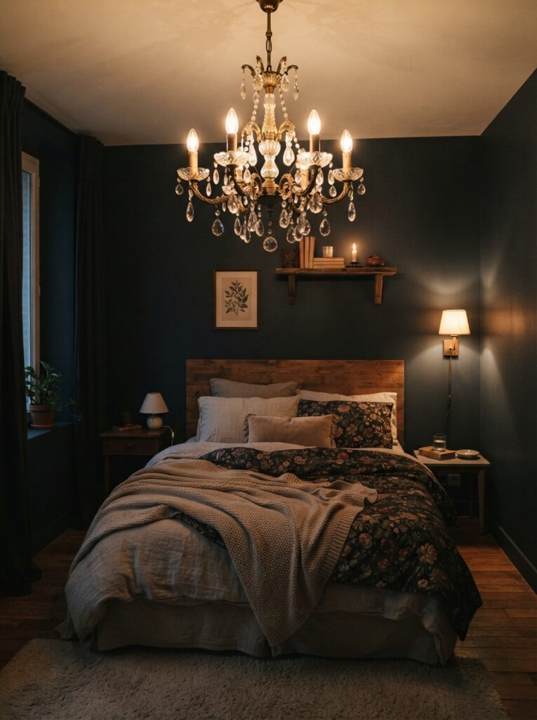 A small bedroom with one dramatic statement chandelier as the clear focal point, supporting lights kept simple and quiet, cozy evening ambiance, vertical Pinterest photography, warm singular focus.