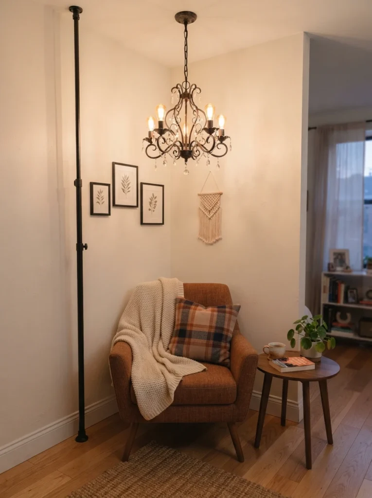 A decorative faux chandelier fixture mounted on a floor-to-ceiling tension rod in the corner of a small studio apartment, warm bulb glow, cozy reading chair beside it, soft ambient evening lighting, minimalist apartment styling, vertical Pinterest photography, warm color palette.