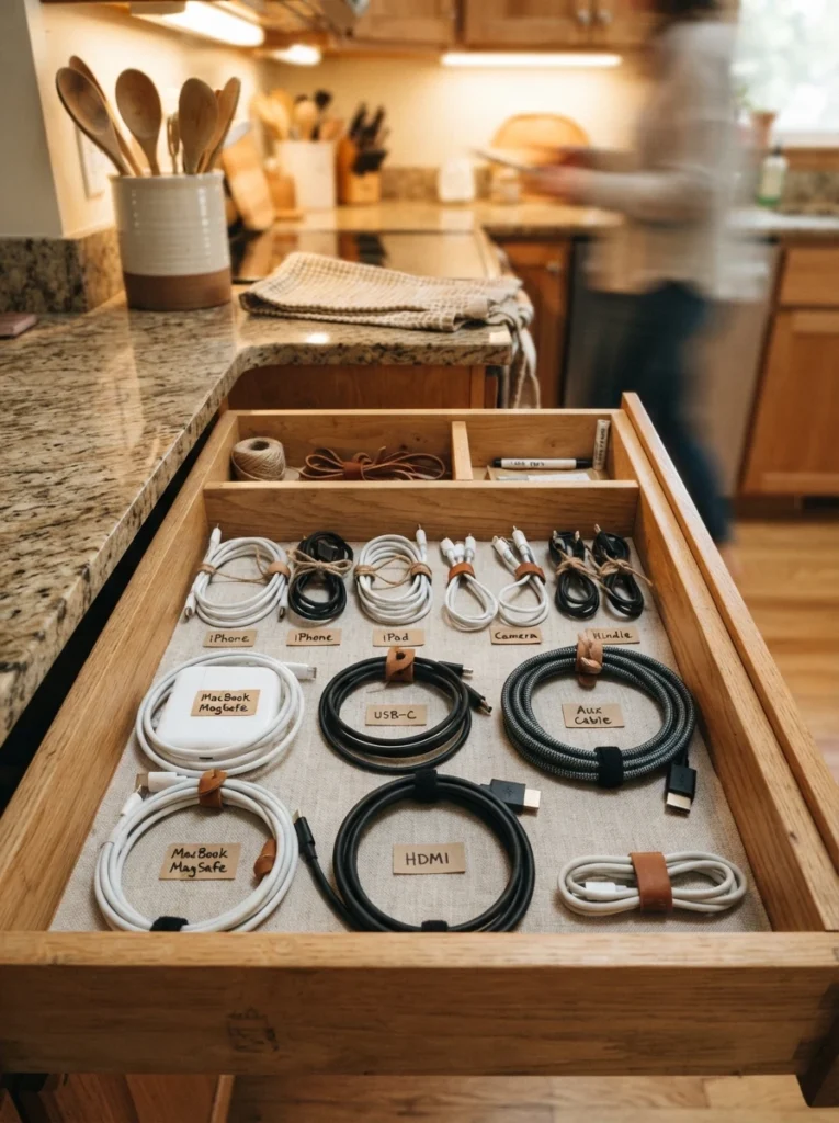 A section of a kitchen drawer dedicated to neatly coiled charging cables and cords, warm kitchen lighting, vertical Pinterest photography, warm cord-management styling.