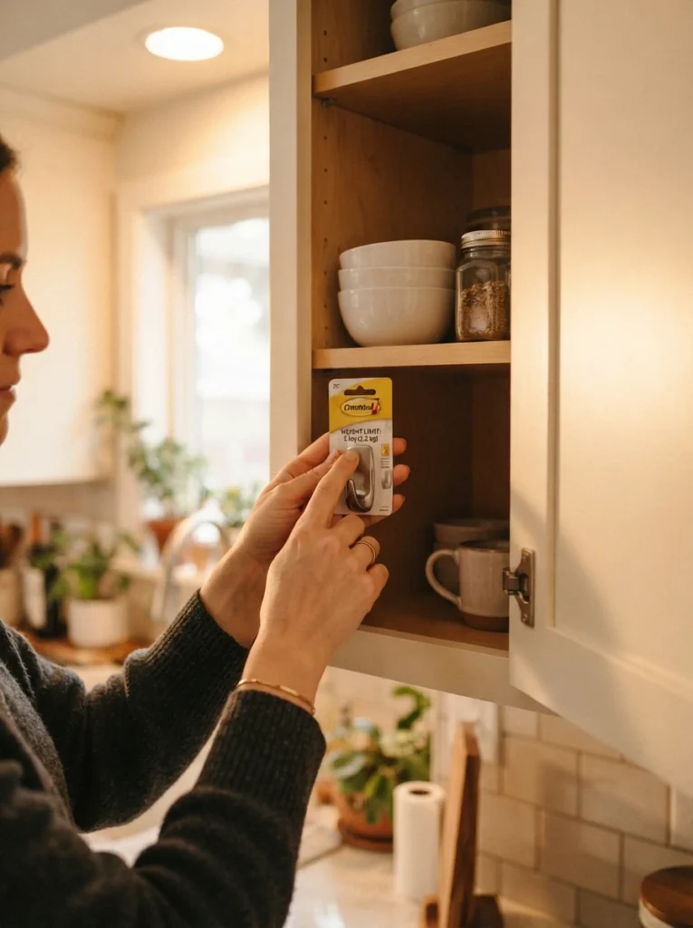A product weight limit label being checked before hanging an item inside a cabinet, warm kitchen lighting, vertical Pinterest photography, warm cautious styling.