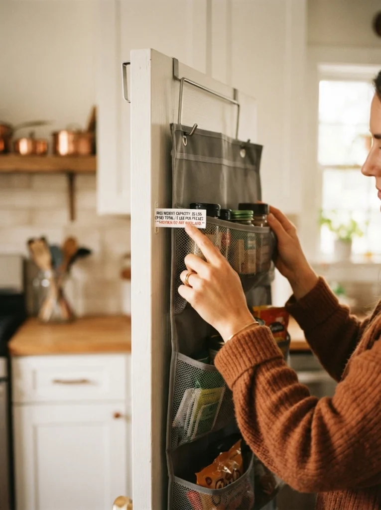 A weight capacity label on an over-the-door organizer being checked before loading, warm kitchen lighting, vertical Pinterest photography, warm cautious styling.