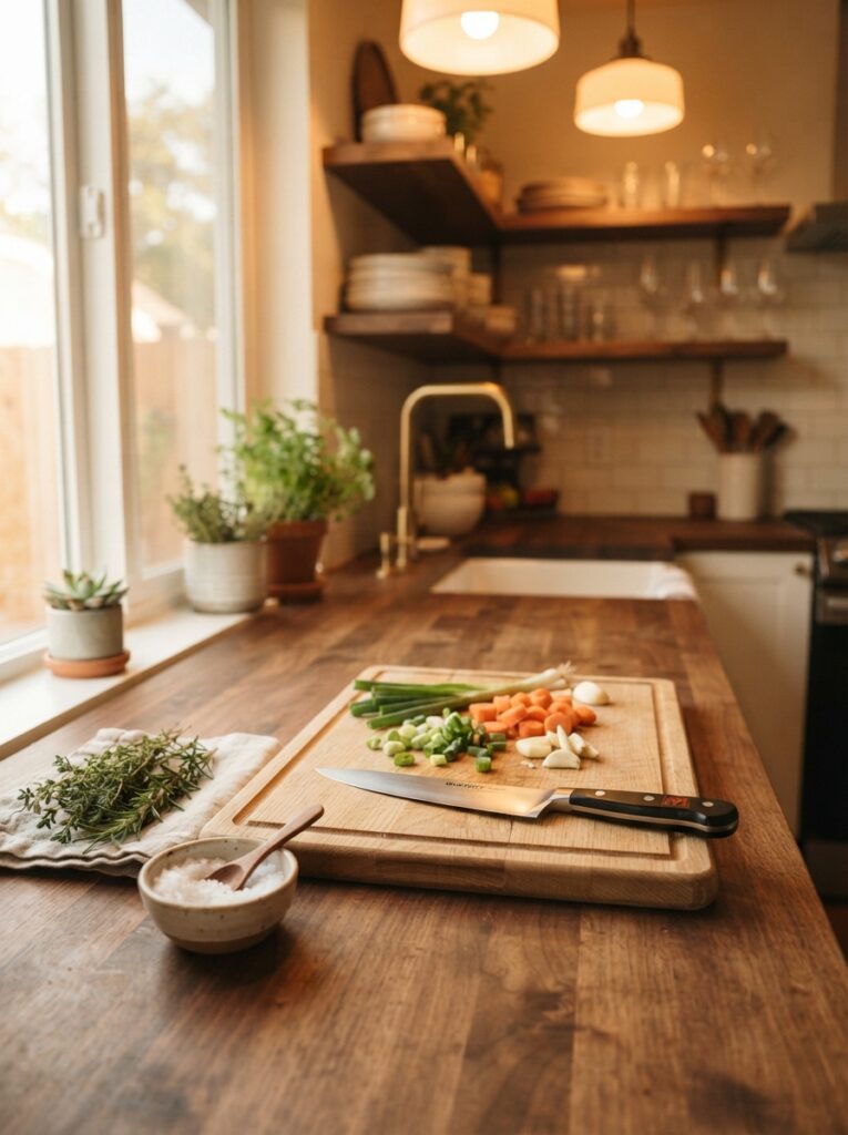 ![A clear kitchen counter used purely as workspace, no unnecessary items left sitting out, warm kitchen lighting, vertical Pinterest photography, warm workspace-focused styling.]