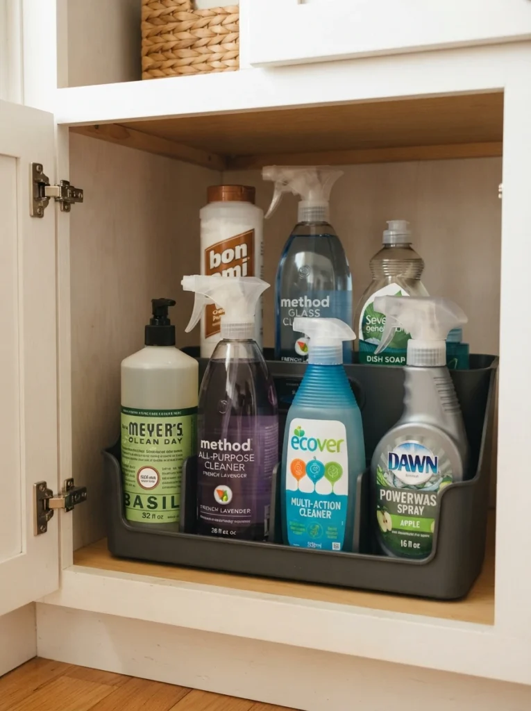 Cleaning bottles stored upright in a divided plastic container inside a cabinet, labels facing forward, warm kitchen lighting, vertical Pinterest photography, warm upright styling.