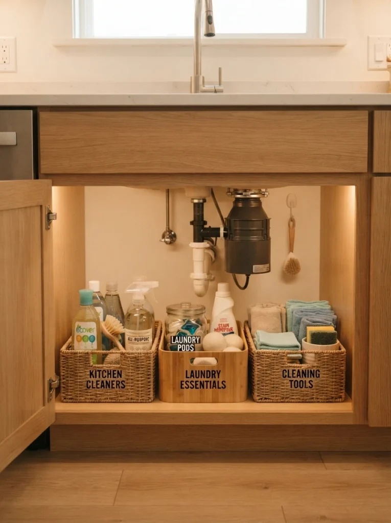 A well-organized under-sink cabinet holding only everyday cleaning essentials in clearly separated bins, warm kitchen lighting, vertical Pinterest photography, warm minimal styling.