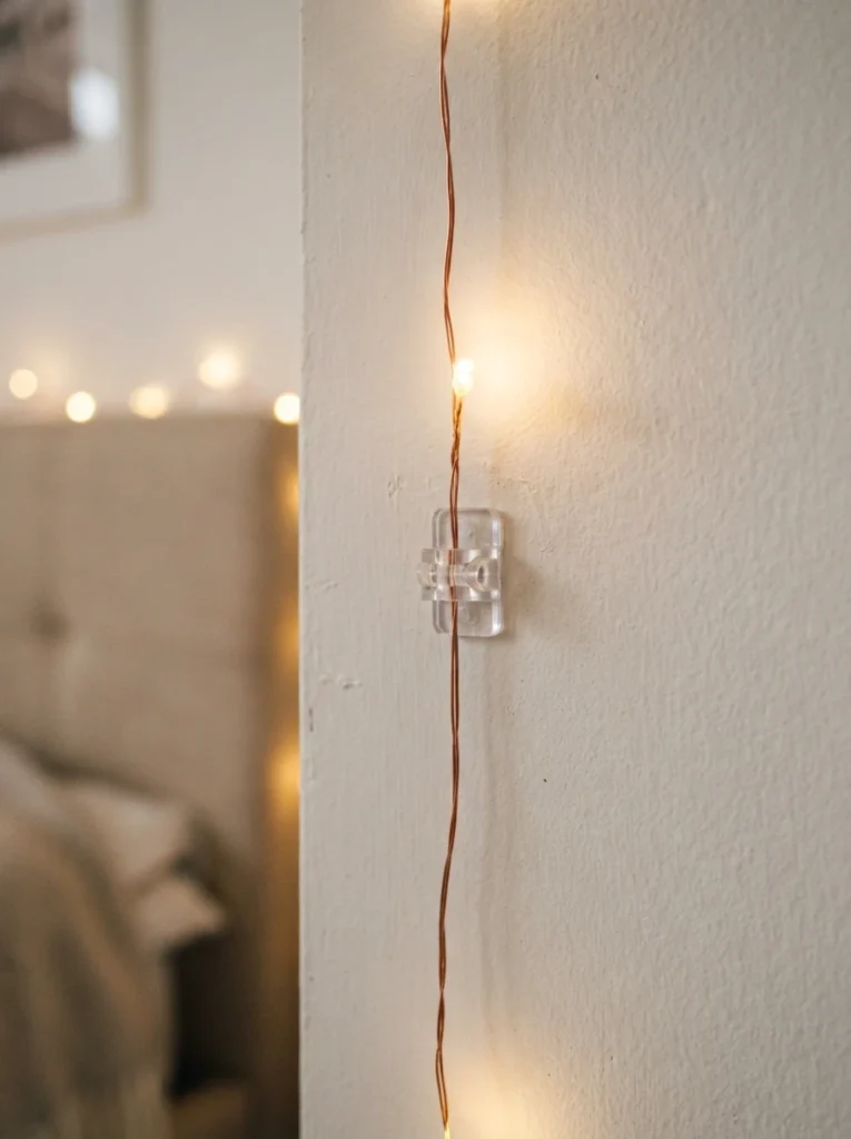 Close-up of a small clip securing a loose section of warm fairy lights against a bedroom wall, clean tidy installation, soft glow, vertical Pinterest photography, warm detail shot.