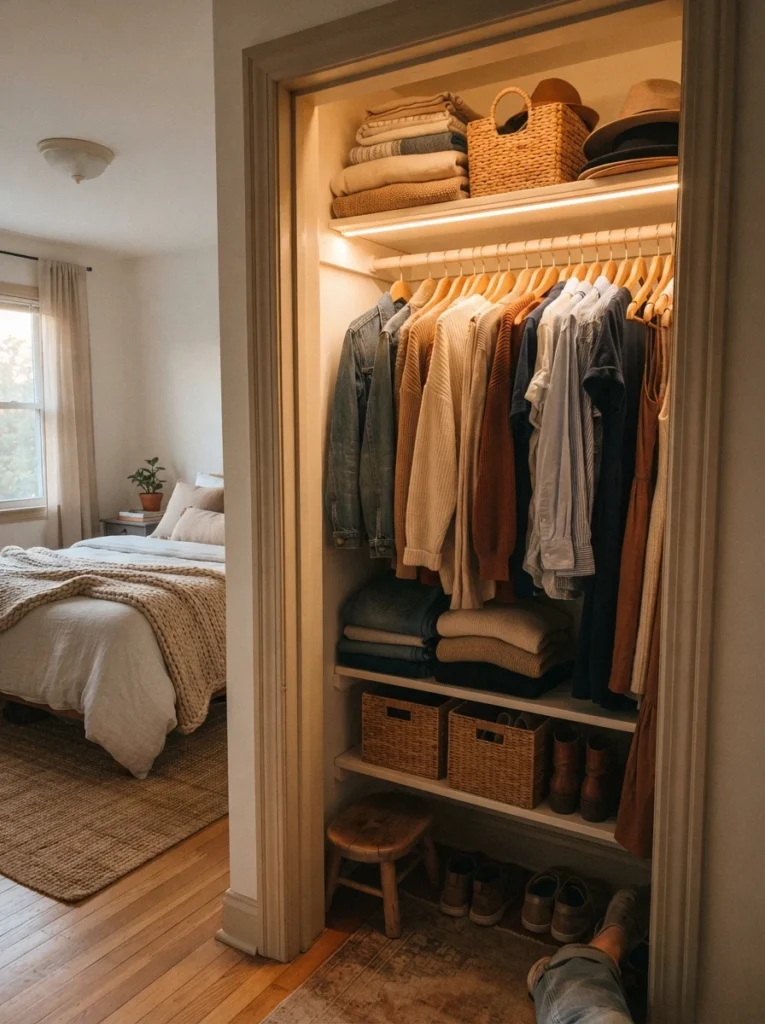 A small closet interior with warm motion-sensor LED lighting glowing along the top shelf, neatly organized clothes visible, cozy bedroom just outside with no lamp needed, vertical Pinterest photography, warm functional detail.