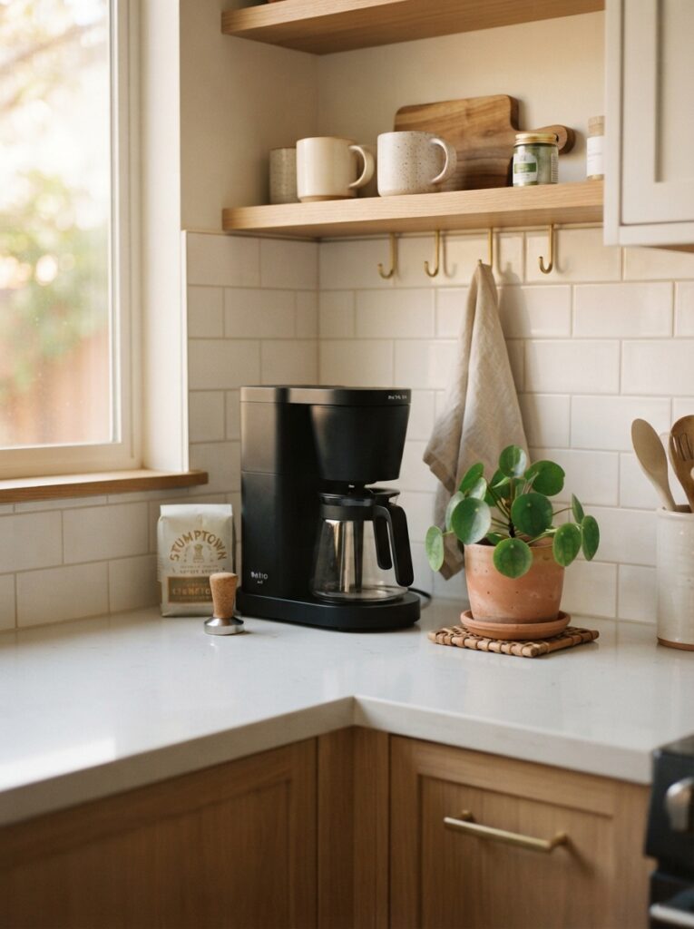 A clean kitchen counter with only a coffee maker and a small plant on display, warm kitchen lighting, vertical Pinterest photography, warm minimal styling.