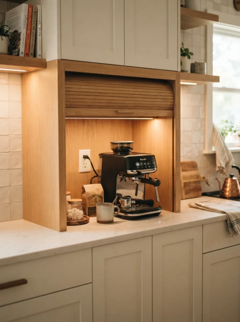 A cabinet appliance garage with a tambour door open, showing a coffee maker plugged in and ready to use, warm kitchen lighting, vertical Pinterest photography, warm concealed-access styling.