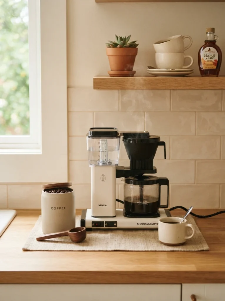 ![A small lamp beside a coffee station, providing soft light for early morning use, warm kitchen lighting, vertical Pinterest photography, warm ambient styling.]