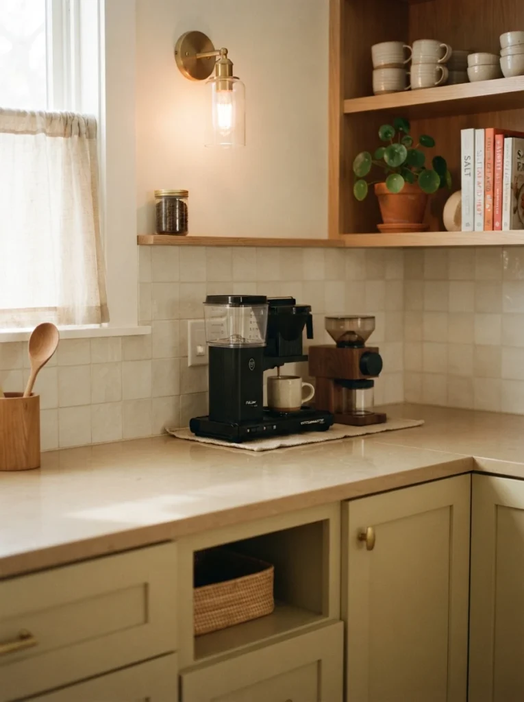 A kitchen counter with only daily-use appliances like a coffee maker visible, rest of the surface clear, warm kitchen lighting, vertical Pinterest photography, warm minimal styling.