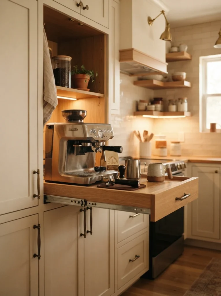![A slide-out tray extended from a kitchen cabinet, a coffee maker set up on top, warm kitchen lighting, vertical Pinterest photography, warm concealed-access styling.]
