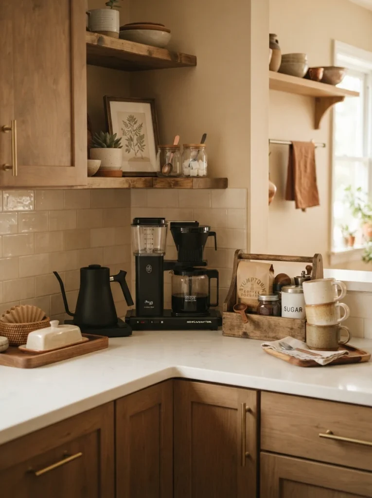 ![A coffee station set up in a corner of a kitchen counter, coffee maker and supplies grouped together, warm kitchen lighting, vertical Pinterest photography, warm corner-use styling.]