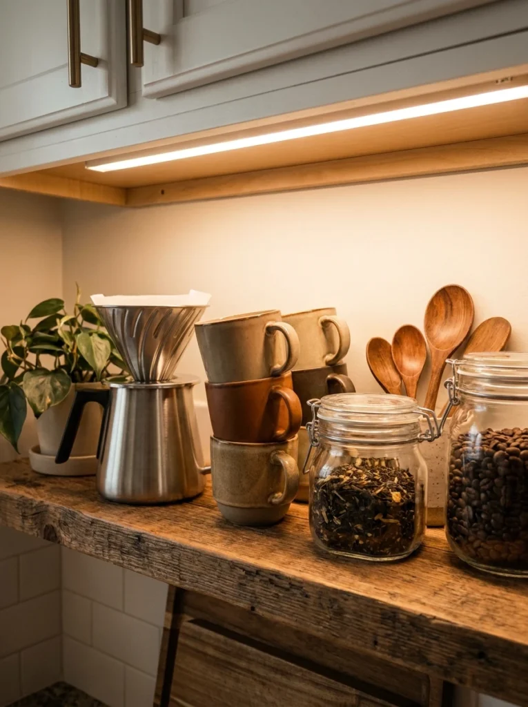 A coffee zone with a coffee maker, mugs, and tea grouped together on a small shelf, warm kitchen lighting, vertical Pinterest photography, warm beverage-focused styling.