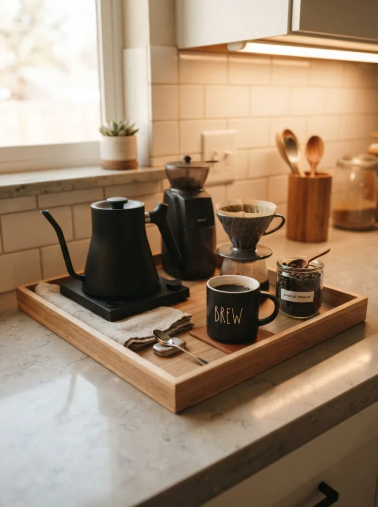 ![A low-edged tray on a kitchen counter holding coffee supplies, a clear boundary set around it, warm kitchen lighting, vertical Pinterest photography, warm contained styling.]