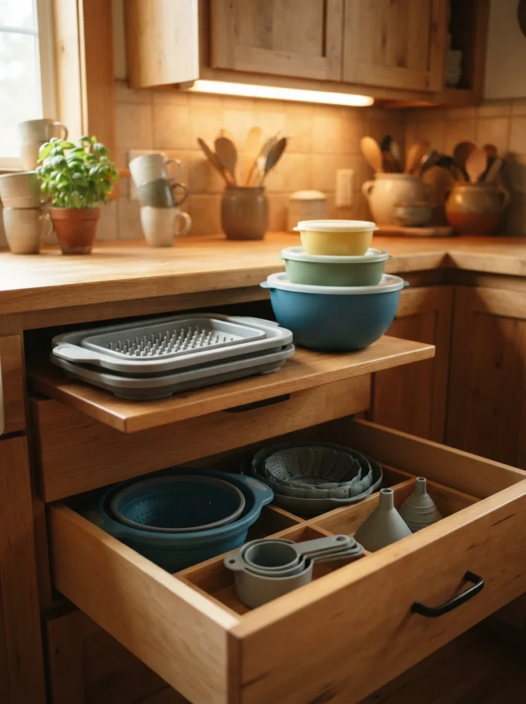Collapsible kitchen tools, a folded drying rack and nesting mixing bowls, stored compactly, warm kitchen lighting, vertical Pinterest photography, warm collapsible styling.