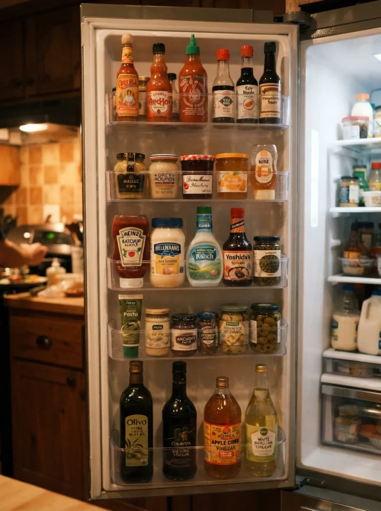 Condiments and shelf-stable items stored in refrigerator door shelves, warm kitchen lighting, vertical Pinterest photography, warm door-zone styling.