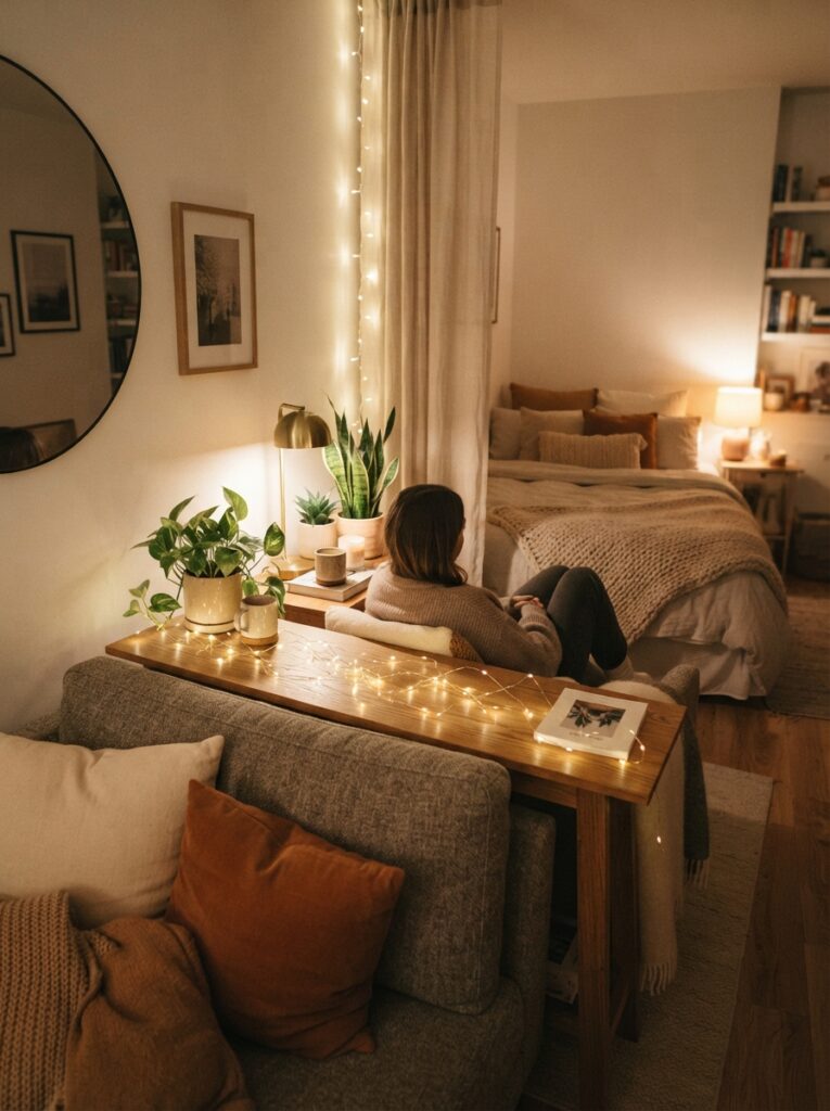  A macramé wall hanging with warm string lights woven through the fibers, softly glowing as a boho room divider, cozy studio apartment setting, evening ambiance, vertical Pinterest photography, warm textured styling.