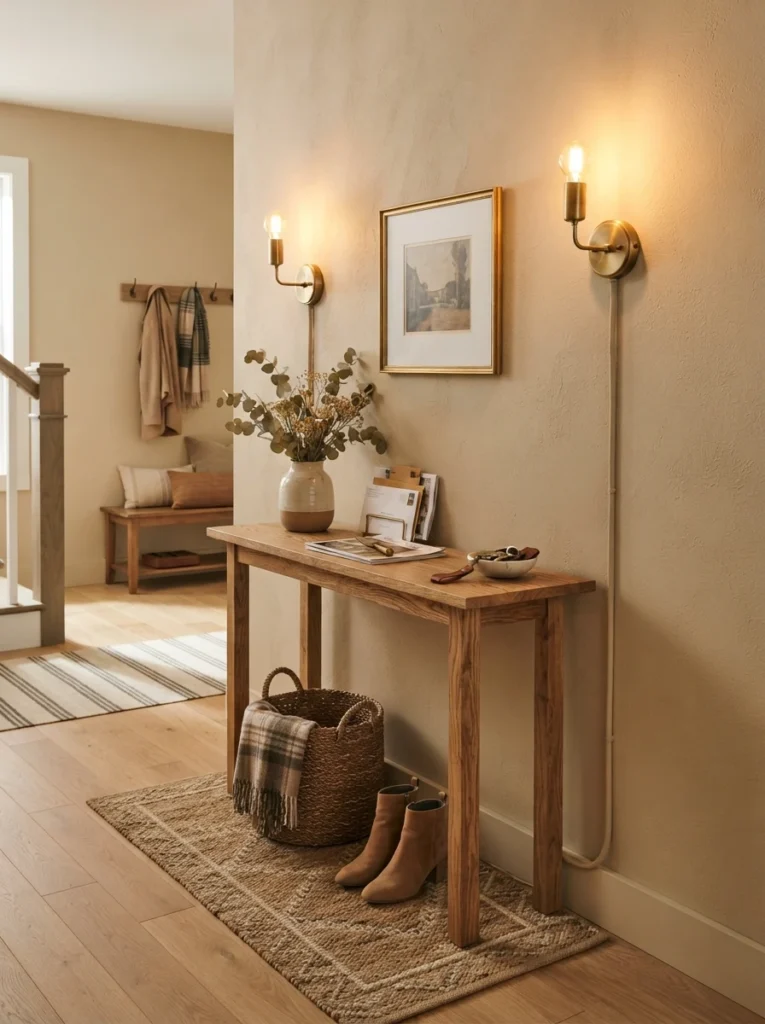 A narrow entryway console table with two matching plug-in sconces mounted above it, warm light illuminating a small vase and stack of mail, cord covers running discreetly down the wall, cozy welcoming entrance, vertical Pinterest interior photography, warm golden tones.